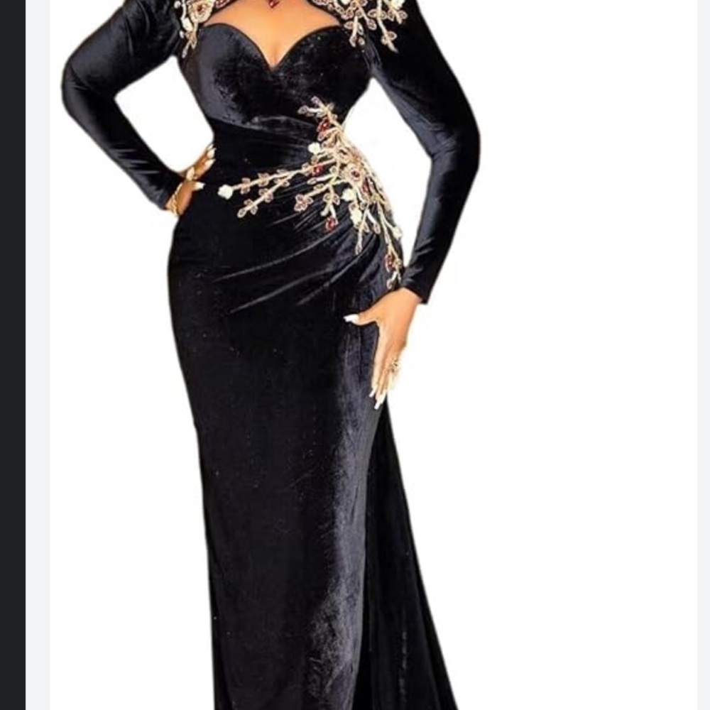 Elegant Black Evening Gown black velvet beauty with gold embroidery long sleeve